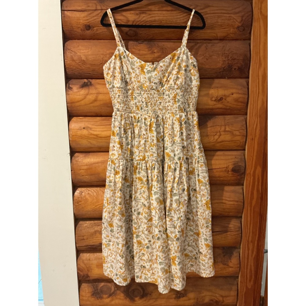 J.Crew Smocked Tiered Midi Dress Floral Botanical Yellow Ivory BK956 Womens 14